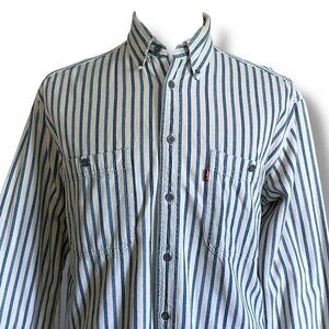 Vintage 90s Levis Mens Shirt Sz Medium Blue White Railroad Ticking Stripe Grunge